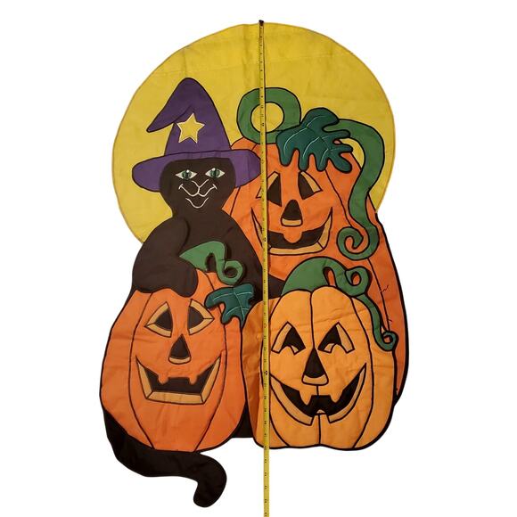 Pumpkin Cute Black Cat Halloween House Garden Flag 46" x 27" Layered Vtg - Picture 2 of 12
